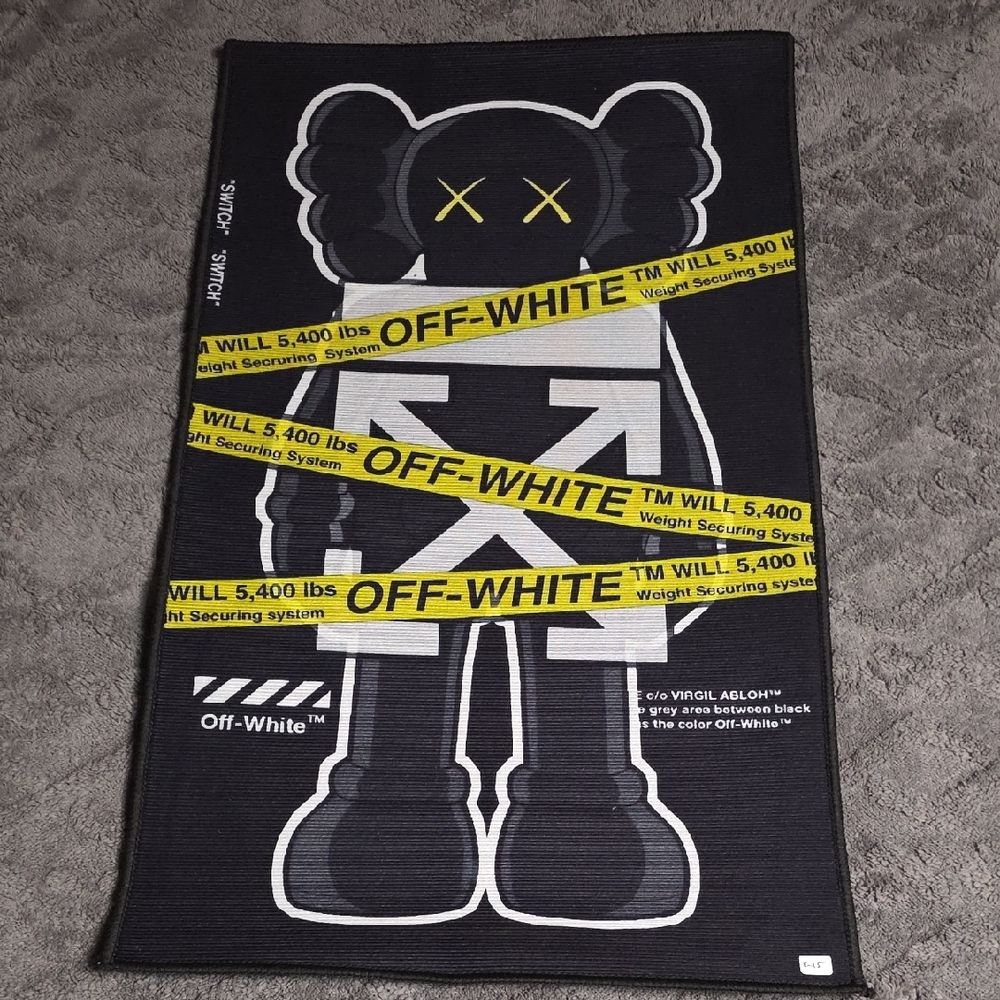 Kaws Inspired Off-White Black Rug with Yellow Tape Design